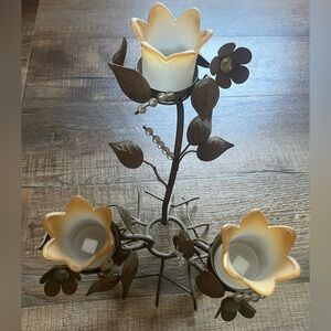 PartyLite Floral Candle Holder with Cream and Brown Accents